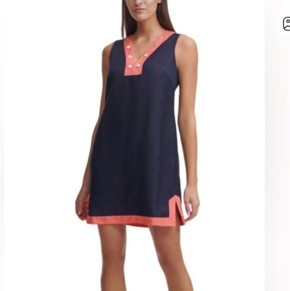 Tommy Hilfiger Navy/Coral Linen Shift Dress - Picture 1 of 5